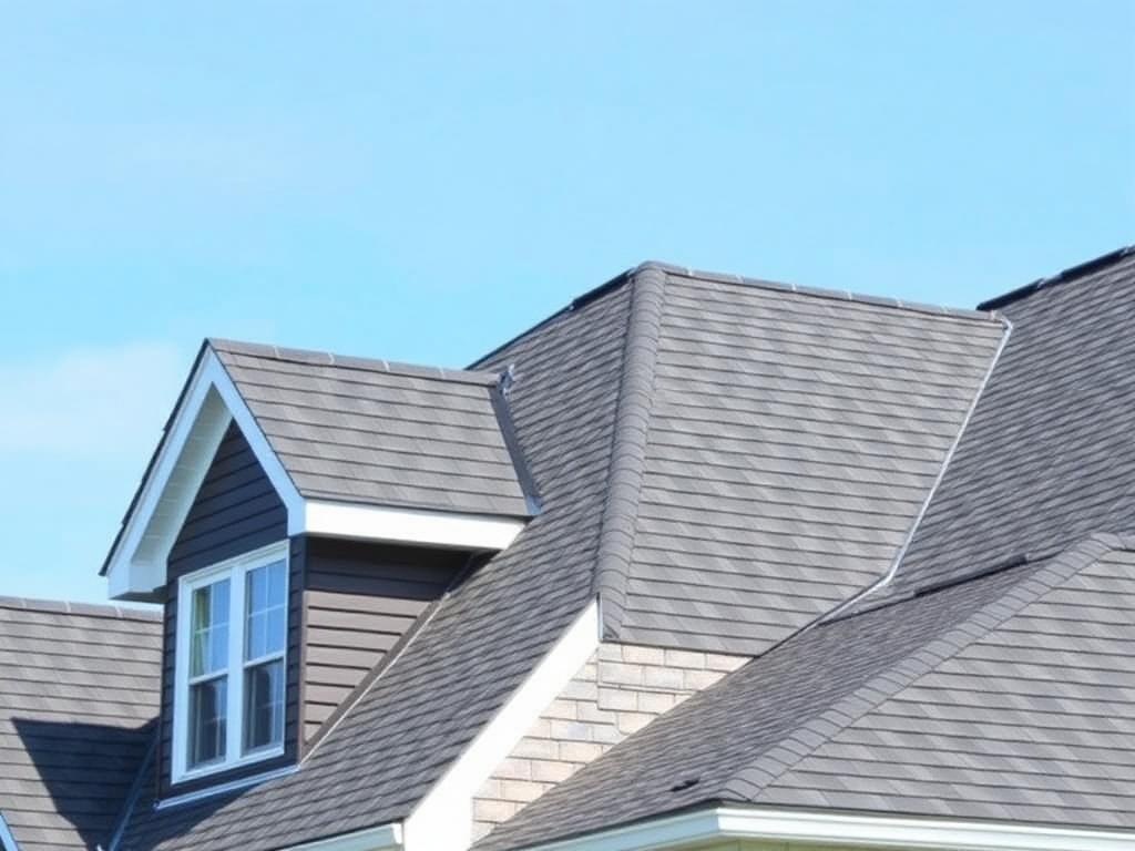 Pitched roof of a suburban home with dark architectural shingles